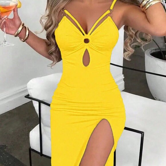 Yellow Sexy Women's Ring Connection Pleated Slit Long Slim Cami Dress - Picture 2 of 7